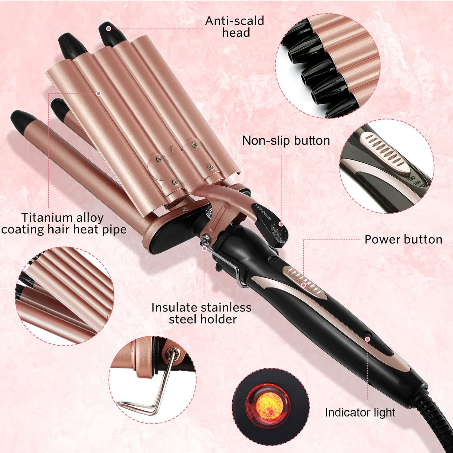 5 Barrel Curling Iron Wand, 0.6 Inch (16mm) Hair Waver Ceramic Tourmaline Wavy Tool with Dual Voltage