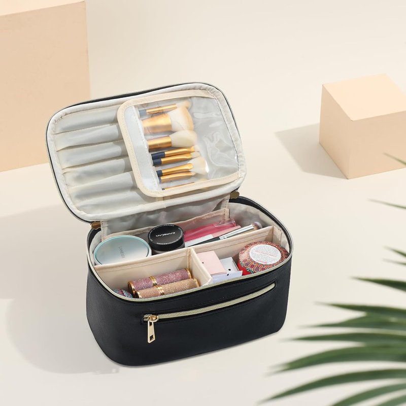 Travel Makeup Bag Organizer - Large Capacity Waterproof Cosmetic Pouch with Divider | Black Clamshell Case