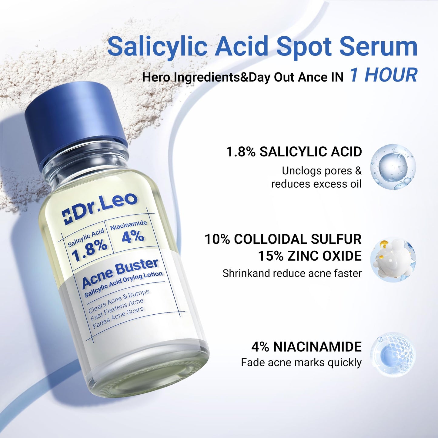 Dr.Leo 1.8% Salicylic Acid Acne Treatment, Drying Lotion Acne Spot Treatment for Acne-Prone Sensitive Skin | Niacinamide, Fast Pimple Relief, Fades Acne Marks, Overnight & Period Breakouts, 0.34 fl oz