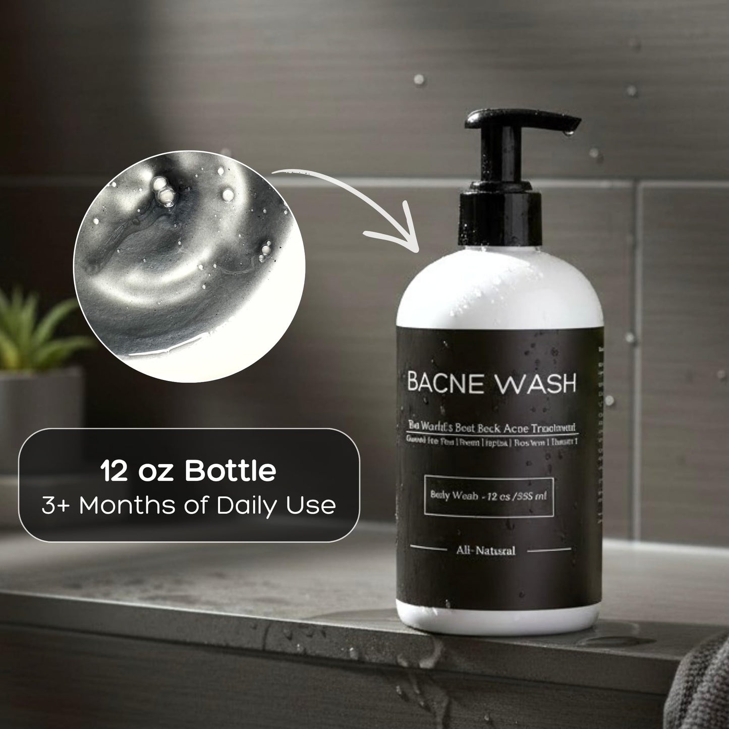 Bacne Wash: All Natural Back Acne Cleanser with Charcoal, Jojoba Oil, Tea Tree Oil, Neem Oil, Aloe Vera, Colloidal Oatmeal, and Vitamin E - Body Acne Wash for All Skin Types
