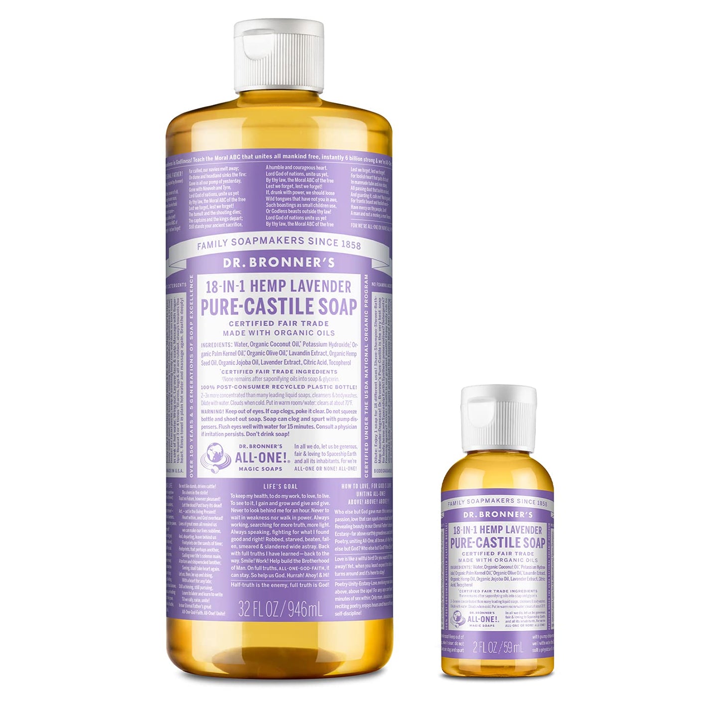 Dr. Bronner's Pure-Castile Liquid Soap – Lavender Bundle. 32 oz. Bottle and 2 oz. Travel Bottle