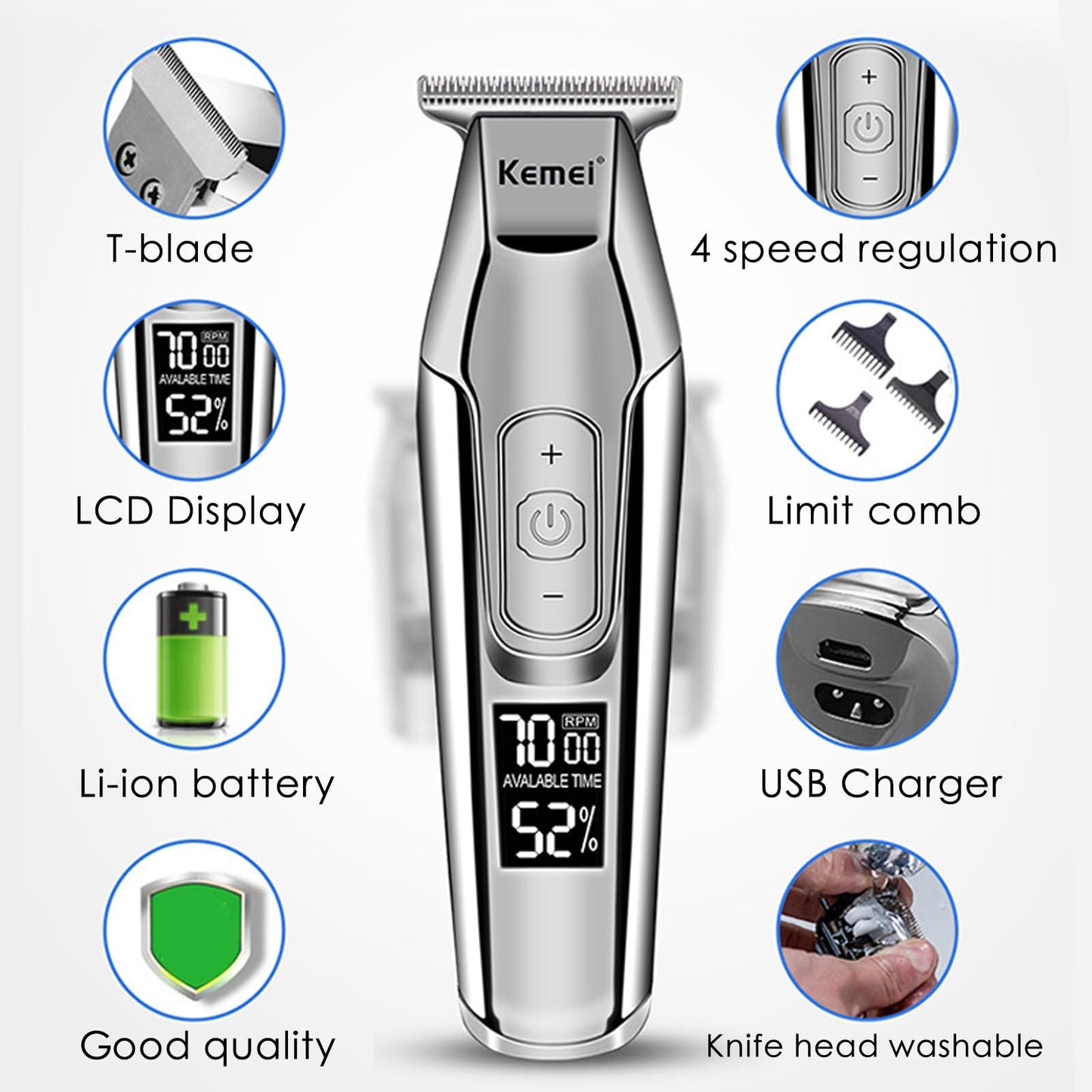 KEMEI Trimmer Cordless Hair Clipper for Men Professional Electric Beard Trimmers Barber Hair Cuttings Kit, Zero Gapped T Blade Detailers Trimmers for Men, KM-5027