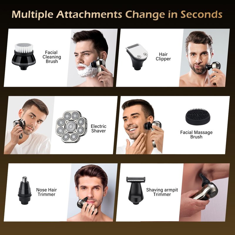 9 Floating Heads Detachable Head Shavers,6 in 1 Electric Razor IPX6 Waterproof for Bald Men, Wet Dry Mens Grooming Kit,LED Display Rechargeable 9D Rotary Shaver Grooming Kit with Type-C Charge
