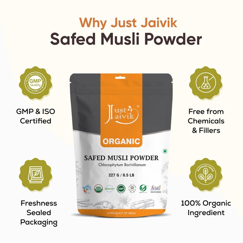 100% Organic Safed Musli Powder - Chlorphytum Borivillianum 227 GMS / 1/2 LB Pound / 08 Oz - Processed in FDA Registered Facility (A 100% Natural Health Supplement)