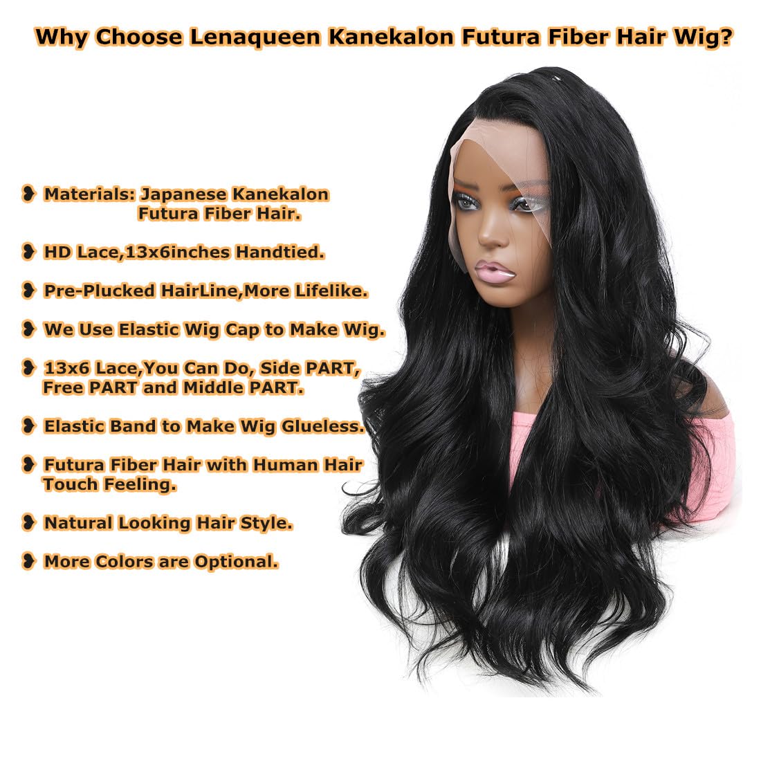Lenaqueen HD LACE Front Wig Wavy 13X6 Glueless Synthetic Lace Front Wigs Synthetic Fiber Heat Resistant Synthetic Lace Wigs Pre-plucked Hairline Synthetic Wig for Black Women (Natural Black)