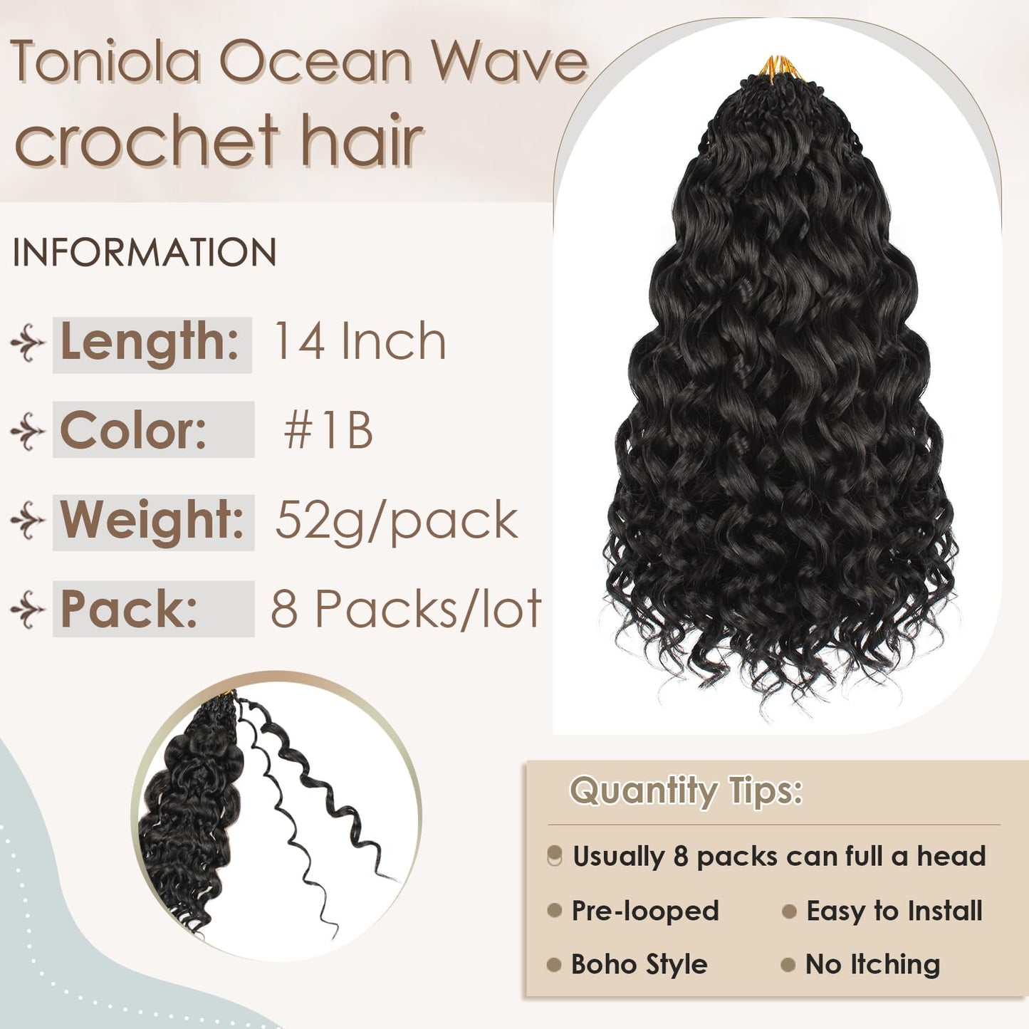Toniola Pre Looped Ocean Wave Crochet Hair 14 Inch 8 Packs Black Boho Ocean Deep Water Wave Beach Curl Braiding Hair Pre Twisted Synthetic Short Wavy Curly Crochet Hair for Women(14inch 1B)