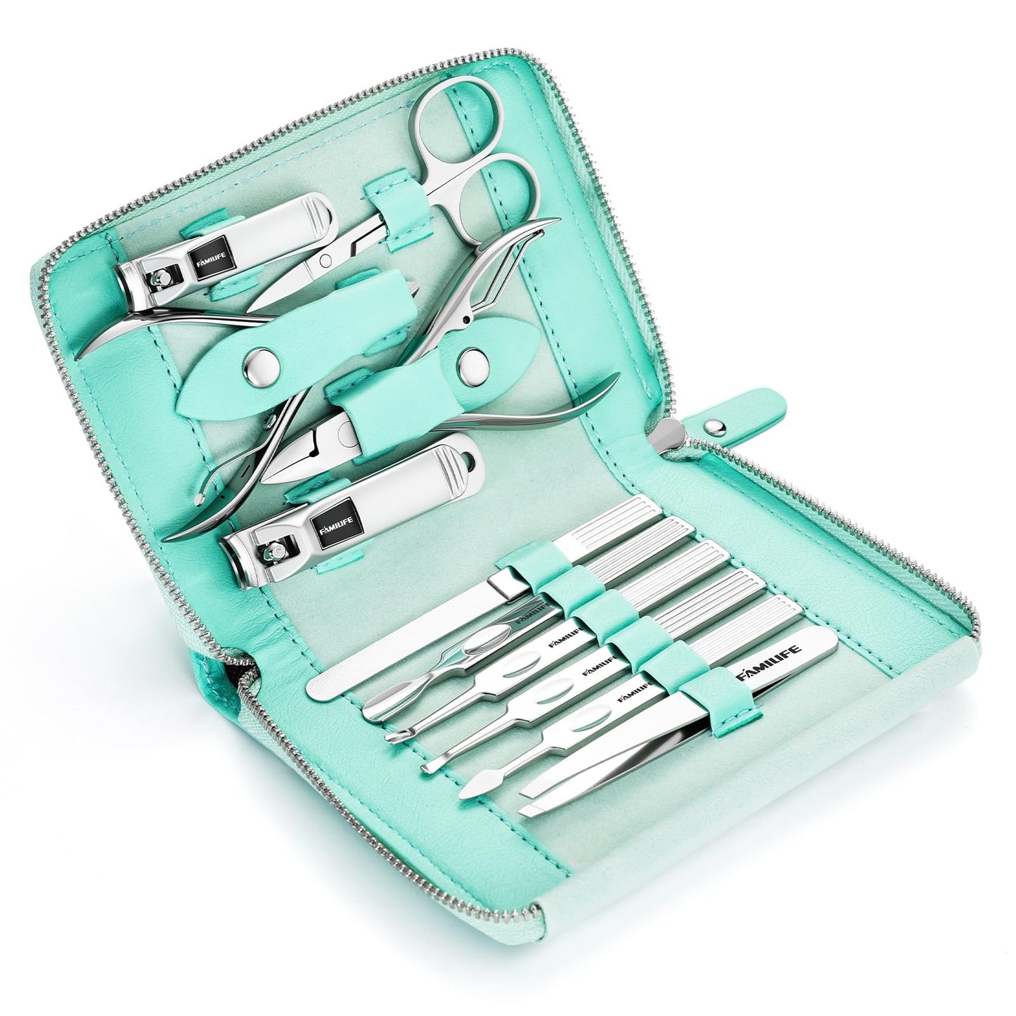FAMILIFE Manicure Kit for Women, Professional Manicure Set Nail Clippers Set 11 in 1 Stainless Steel Pedicure Tools Nail Kit Men Grooming Tool with Portable Green Travel Case for Home, Travel