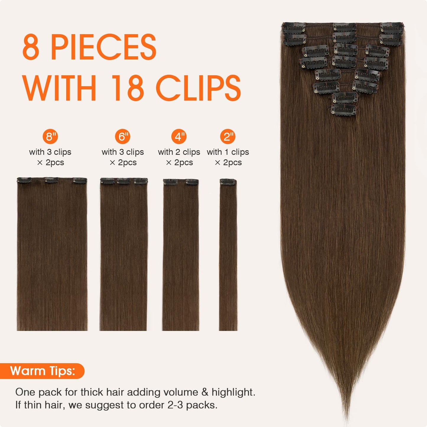 TESS Seamless Clip in Hair Extensions Human Hair Remy Clip ins Natural Soft Straight 8pcs 18Clips, 14 Inch, Dark Brown