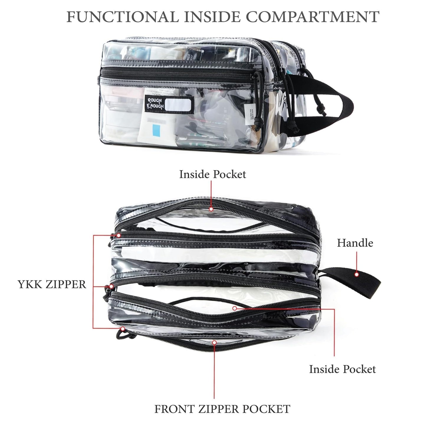 Rough Enough Clear Travel Toiletry Bag for Men Women Traveling Toiletries Essentials Shaving Hygiene Dopp Kit