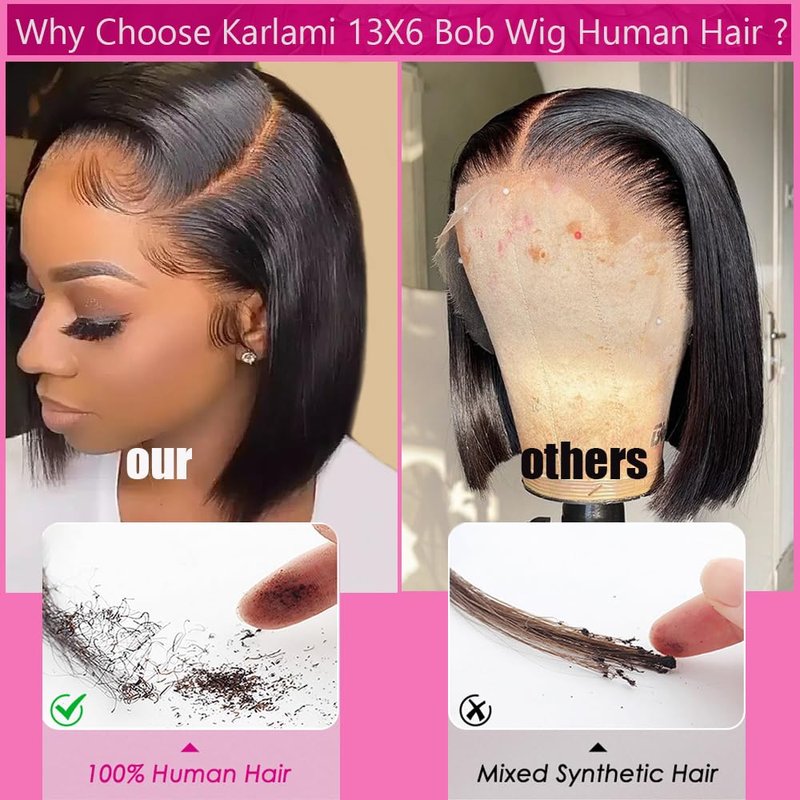 Karlami Bob Wig Human Hair Straight HD Lace Front Bob Wigs for Black Women Human Hair Pre Plucked Glueless Side Part Middle Part C Part 150% Density Human Hair Natural Black 13X6 12 Inch