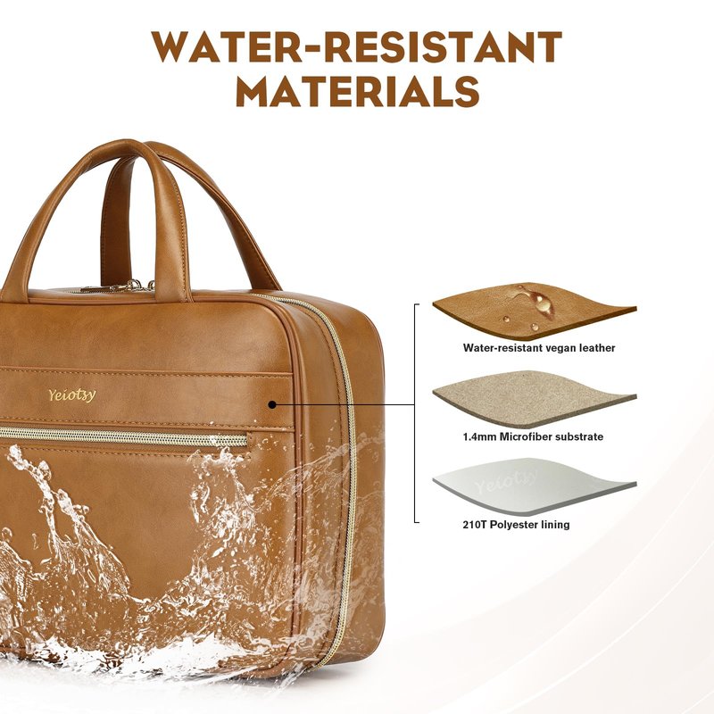 Yeiotsy Hanging Toiletry Bag - Waterproof Vegan Leather Organizer with Wet-Dry Compartments, Foldable Design for Camping, Gym & Business Travel (Brown, Large)