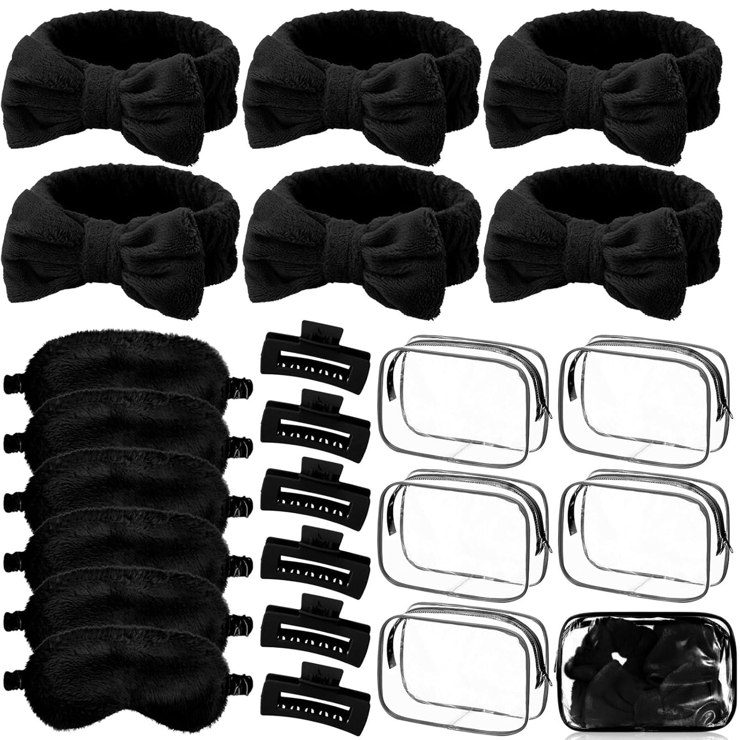 Spa Party Favors Set - 24 Pcs with Headbands, Plush Eye Masks & Hair Claw Clips | Black Cosmetic Bags for Sleepovers
