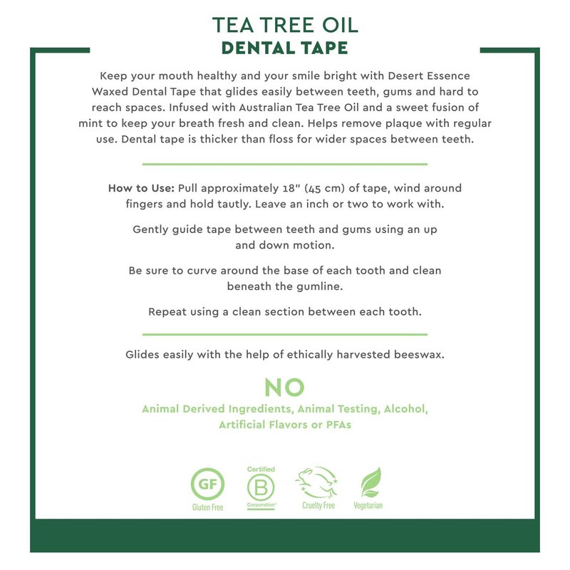 Desert Essence Tea Tree Oil Dental Tape - 30 Yards - Pack of 6 - Naturally Waxed w/Beeswax - Thick Flossing No Shred Tape - On The Go - Removes Food Debris Buildup - Cruelty-Free Antiseptic