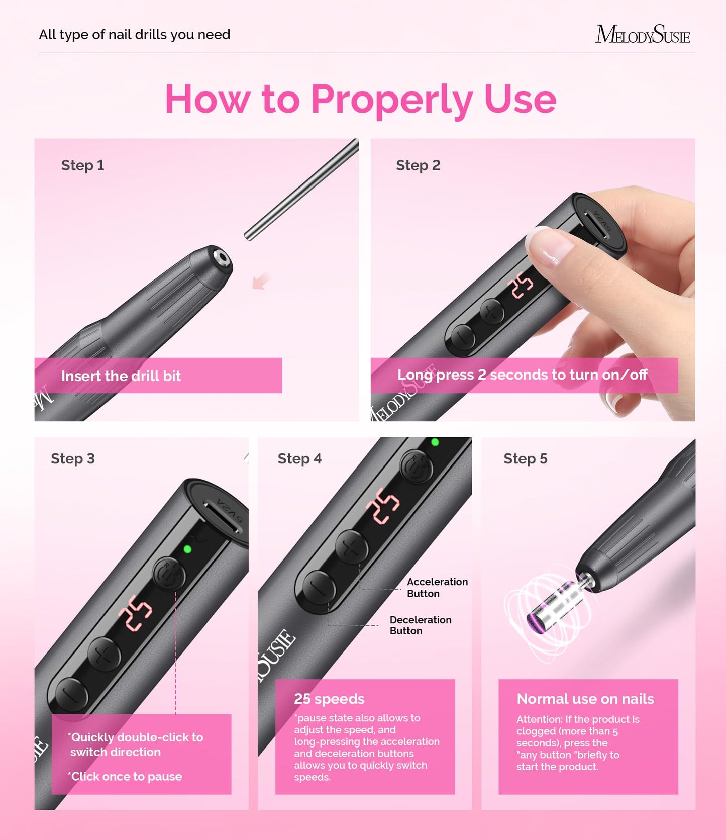MelodySusie Rechargeable Cordless Electric Nail Drill,PC180E MelodySusie Nail Art Liner Brushes 5Pcs