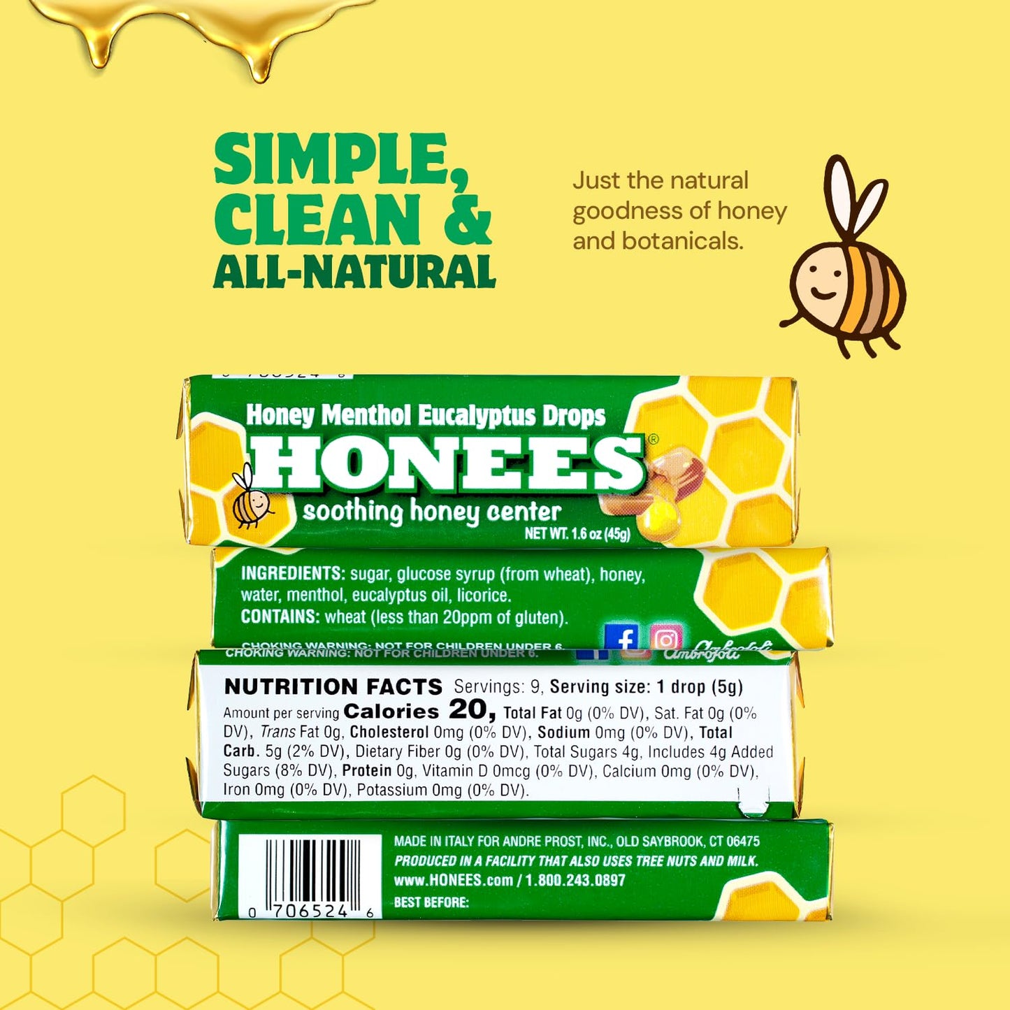 Honees Filled Menthol Cough Drops, Honey, Menthol & Eucalyptus Cough Drops- Natural Sore Throat Relief - Nothing Artificial -Throat Lozenges, Non-GMO (6 Pack –54 Drops)