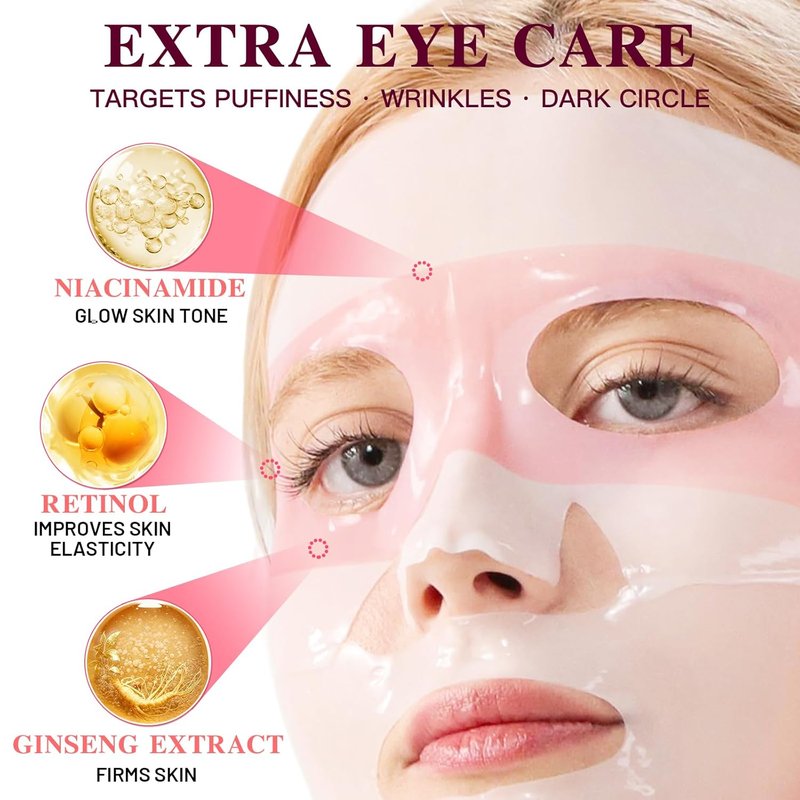 Collagen Face Mask with Eye Patches - Anti-Aging Hydrogel for Glass Skin Glow | Red Ginseng & Peptides, 4 Sheets (Pink)
