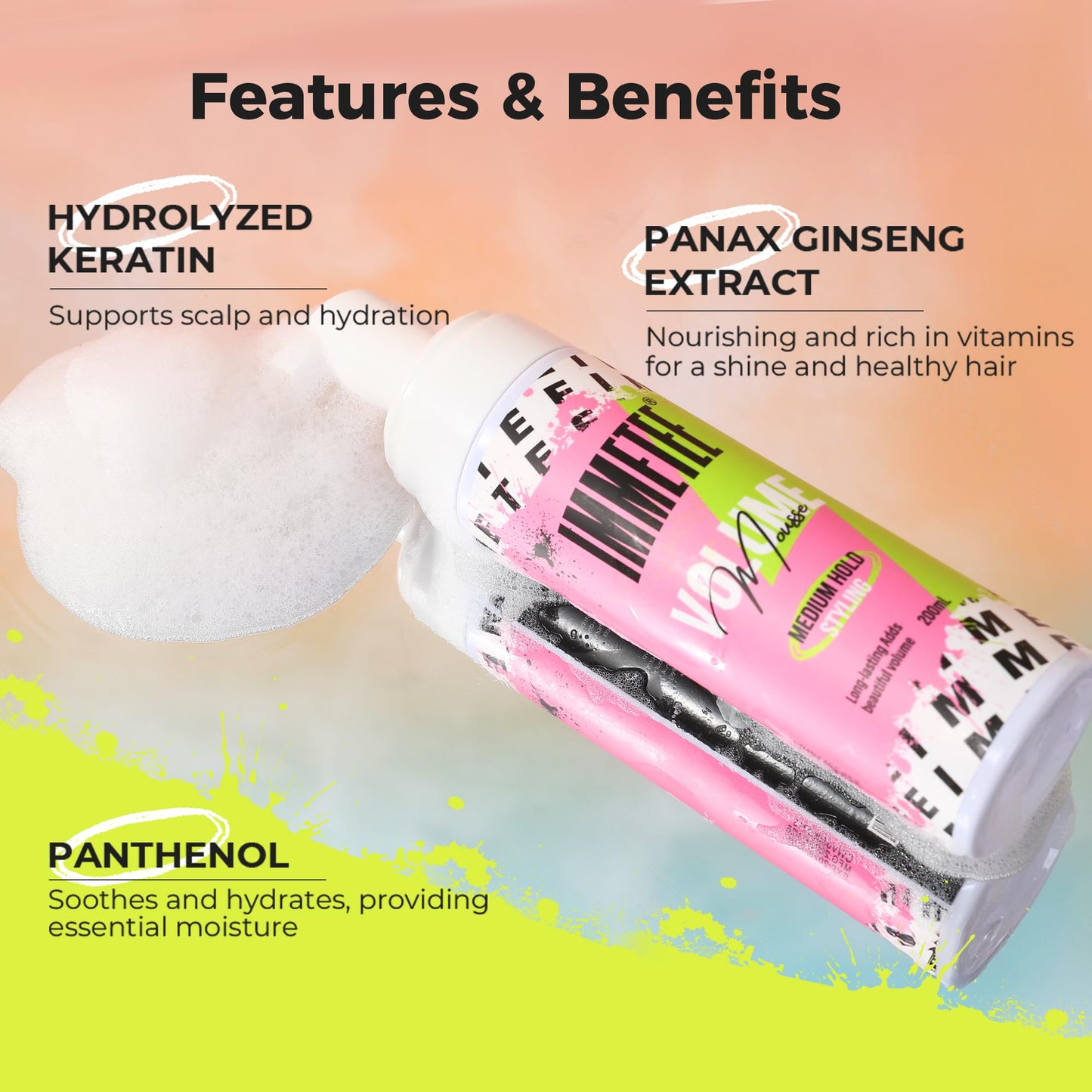 immetee Volumizing Mousse for Fine Hair,Lightweight & Long Lasting,Frizz Control,Create Instant Volume Thickness,Non Sticky Formula,for Women and Men 200ml/6.76oz