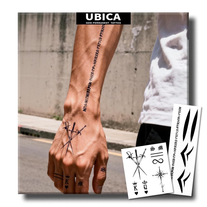 Realistic Semi-Permanent Tattoos - 2 Sheets of Waterproof Temporary Stickers for Men | Tribal Might & Sword Compass Designs