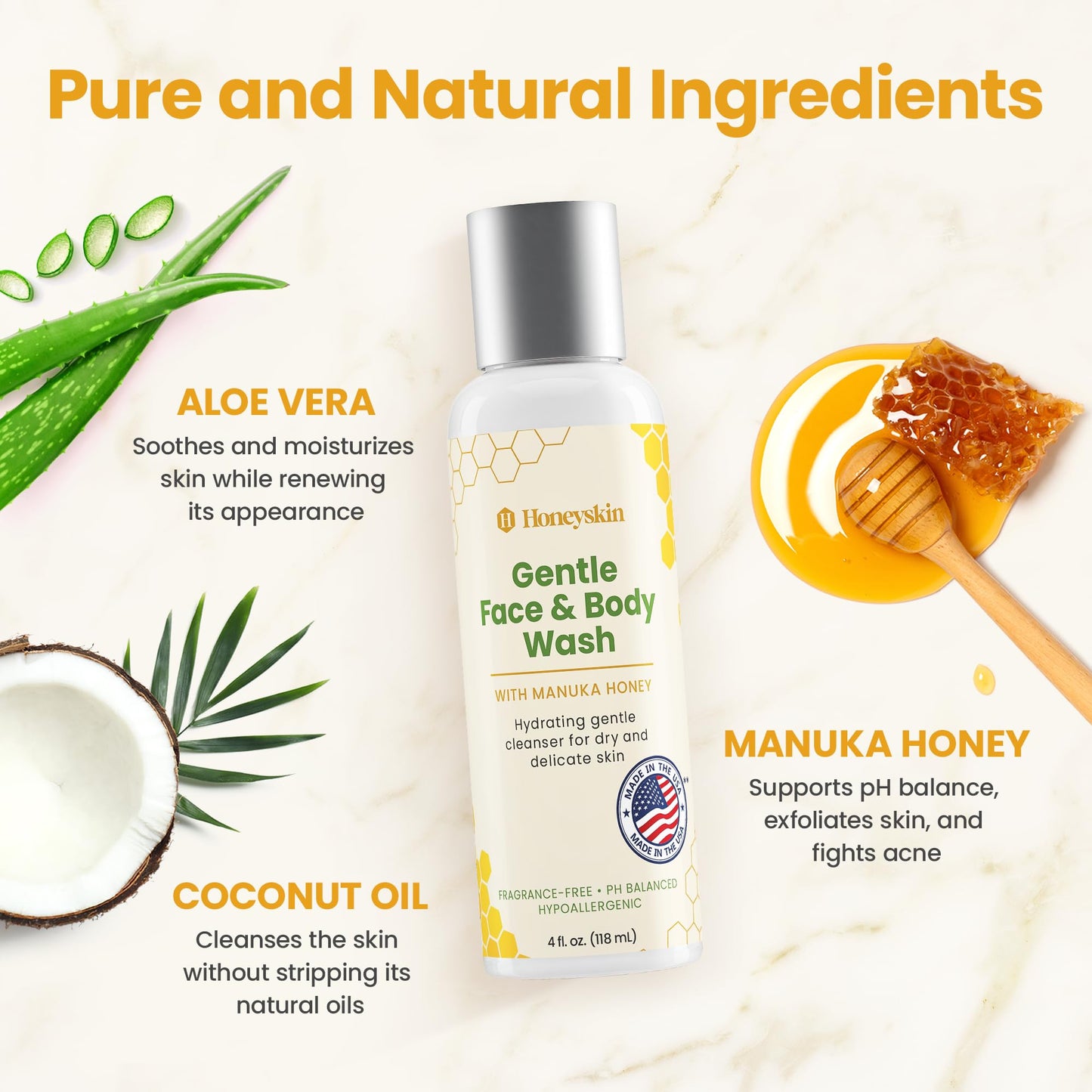 Face and Body Wash for Women and Men - Acne Body Wash Moisturizing for Sensitive Skin - Hydrating Facial Cleanser - Gentle Exfoliating Wash - with Manuka Honey (16oz)