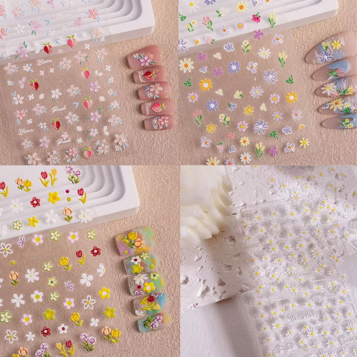 Magrace Nail Stickers - 5D Self-Adhesive Flower Nail Art Decals | 4 Sheets for Spring Decor