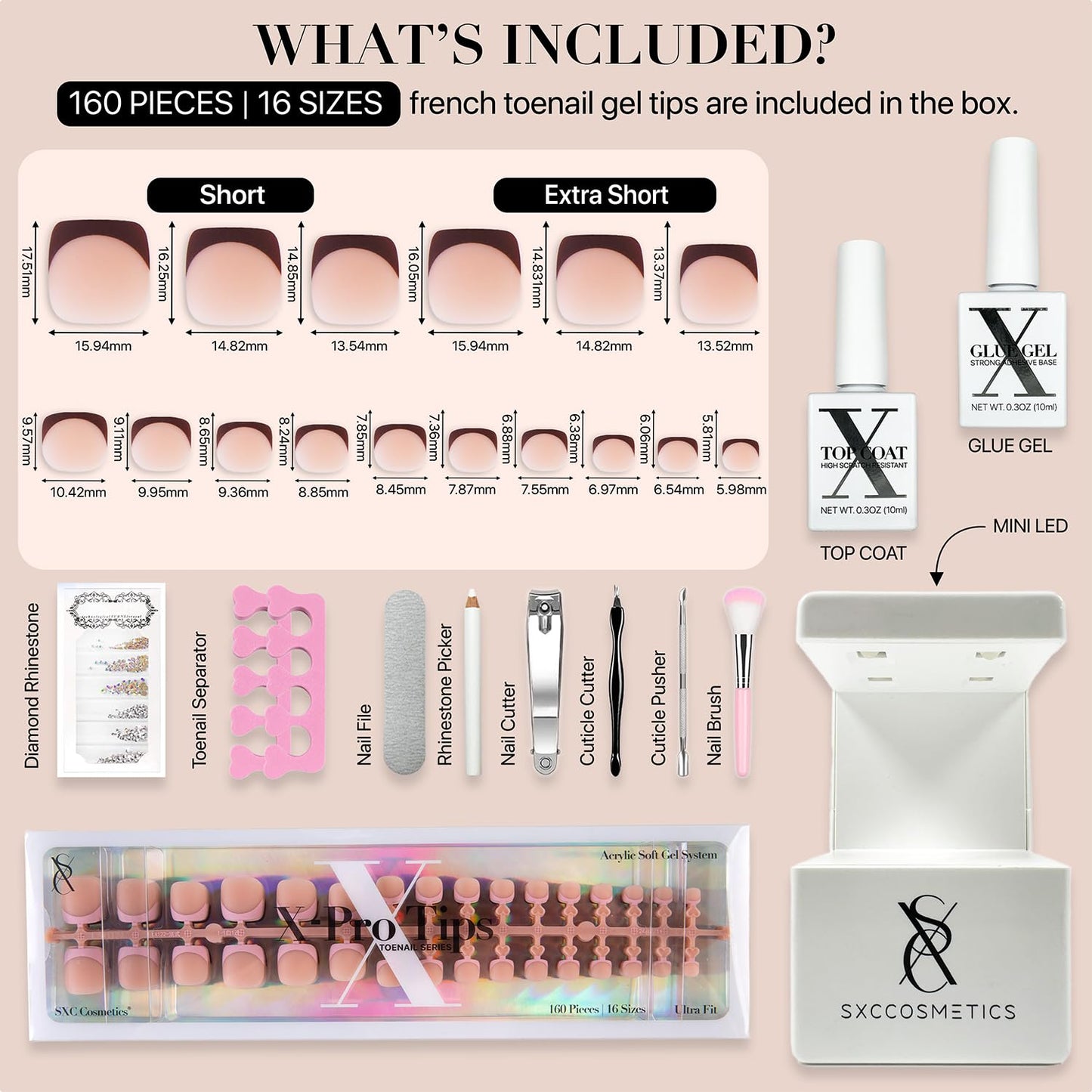 SXC Cosmetics X-Pro Tips French Tip Press On Toenails for Women, Acrylic Soft Gel System (Short French Skintone, Short)