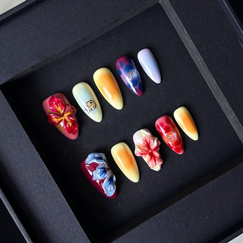 Luxury Press on Nails Medium Almond Handmade 3D Unique Reusable ABS Material Fake Nails Tropical False Nails with Designs Flower Ladybug Stars Art Petal Glossy Glue on Nails Thick Acrylic Nails(S)