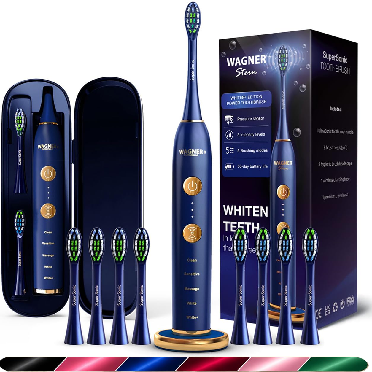 Wagner Stern WHITEN+ Electric Toothbrush, 48,000 VPM, Pressure Sensor, 5 Modes, 8 Brush Heads, Travel Case