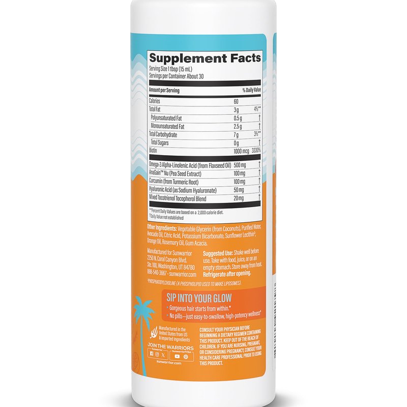 Sunwarrior Hair Growth Liquid Rosemary Oil with Biotin & Omega 3 Curcumin, Hyaluronic Acid Tocopherol, Reduce Shedding Promote Hair Growth Improve Hair Density Scalp Hydration Citrus Flavor 15.2 fl oz