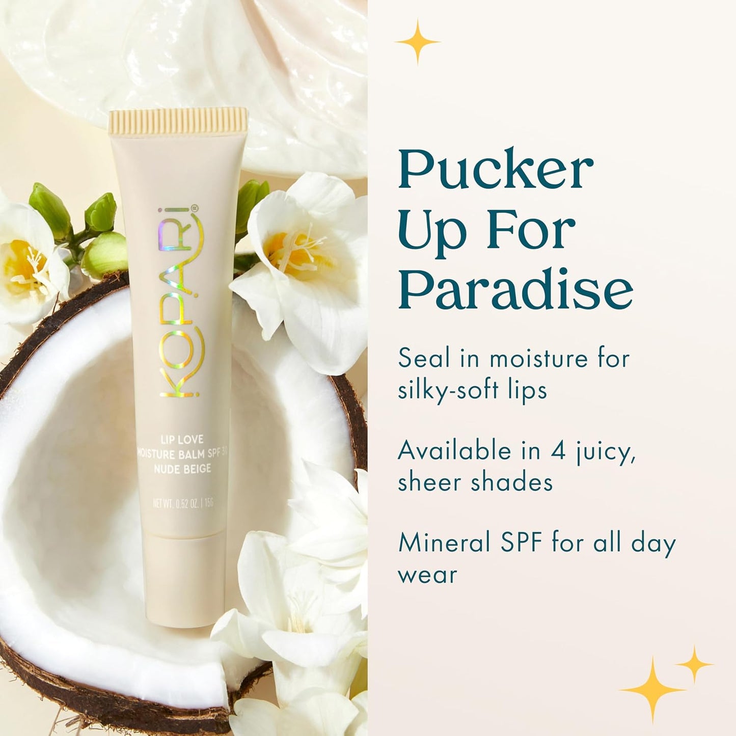 Kopari Lip Love Moisture Balm - Tinted Lip Sunscreen SPF 30 | Hydrating Nude Beige, 0.35 oz