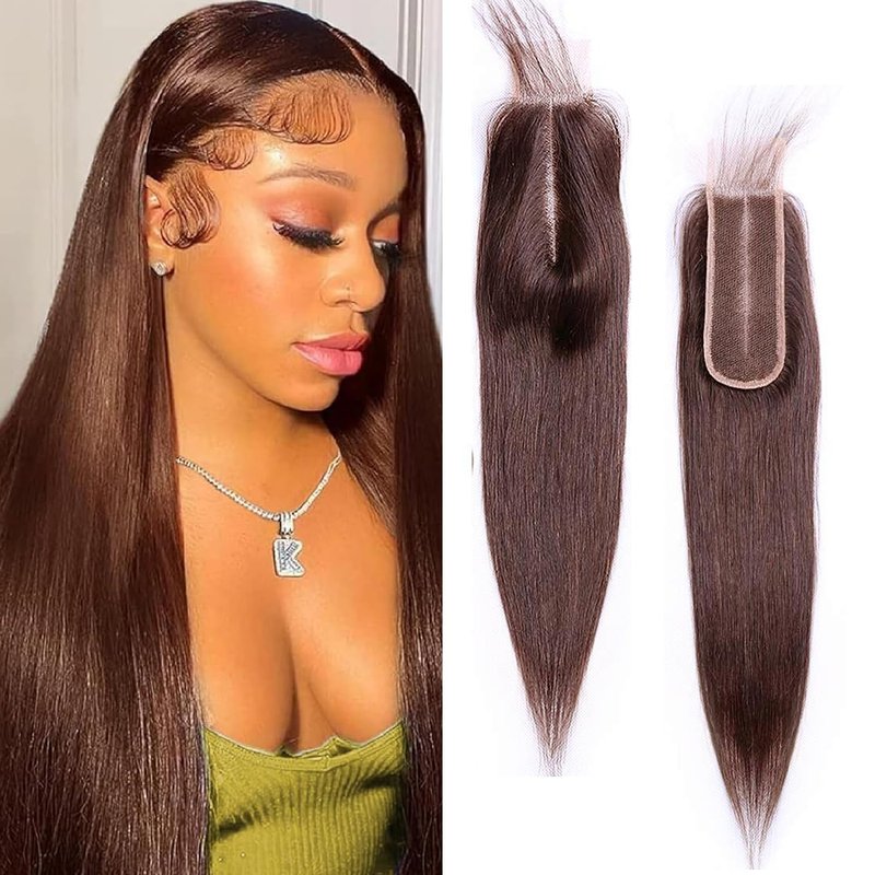 #4 Brown Human Hair Closure Transparent Lace 2x6 Brown Straight Wave Closure Pre Plucked Deep Part 100% Unprocessed Human Virgin Hair Wet And Wavy 14 Inch