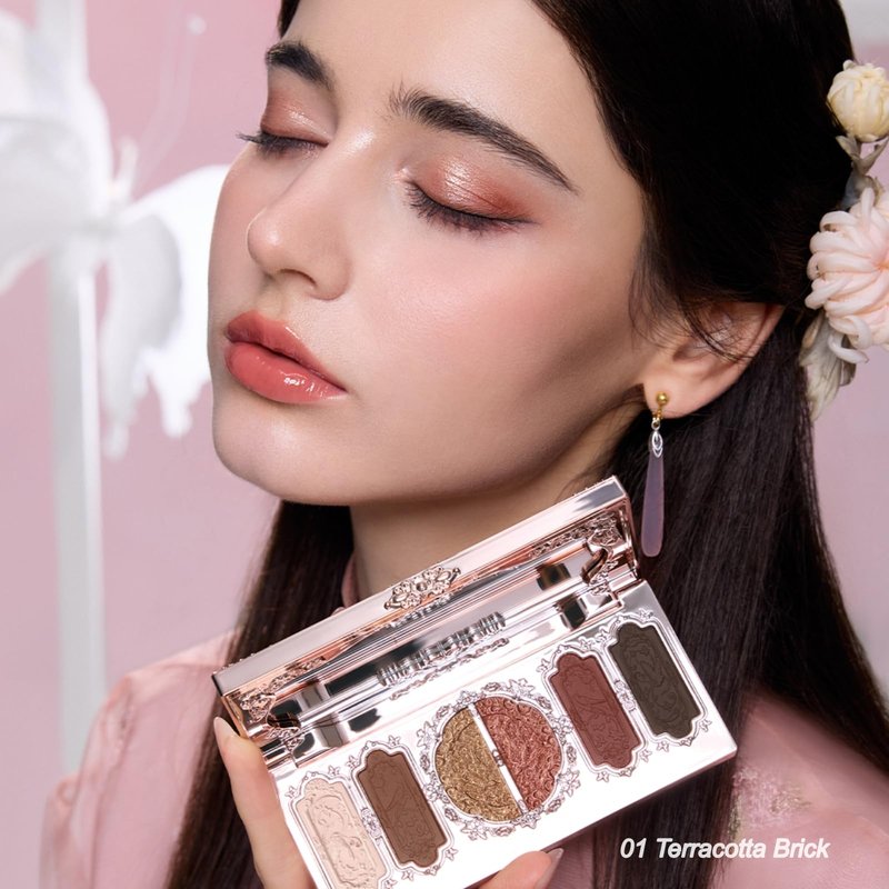 Flower Knows Butterfly Cloud Collar Embossed Six-Color Makeup Palette,Beige Face Palette with 4 Matte + 2 Shimmer Shades,Blendable Smooth Cute Make Up,0.23 oz(01 Terracotta Brick)