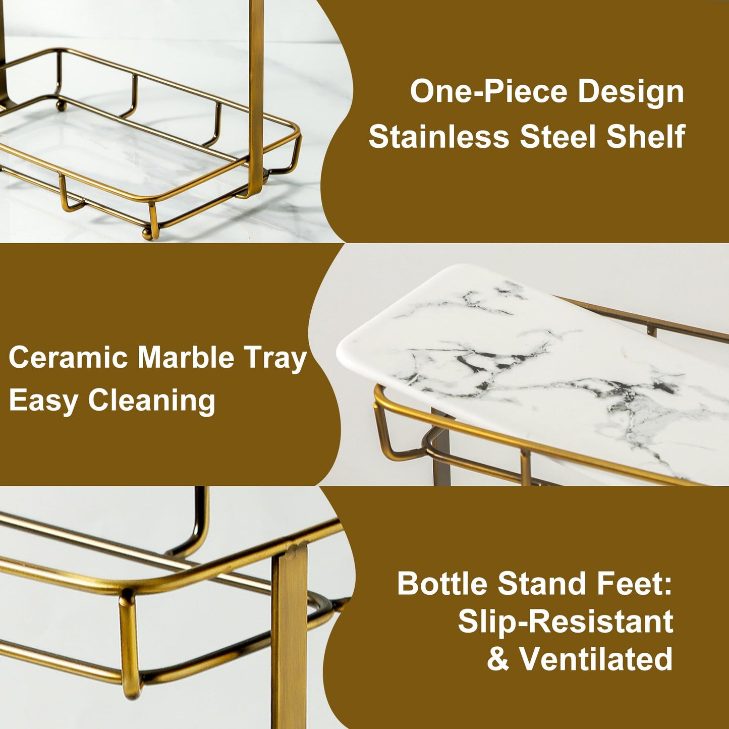 Bathroom Organizer Countertop Perfume Organizer Makeup Organizer Cosmetics Storage Display Rack Vanity Tray Dresser Stainless Steel Gold Shelf White Marble Ceramic Tray
