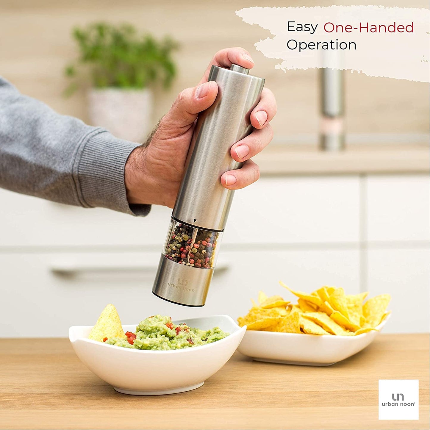 Urban Noon Electric Salt and Pepper Grinder Set (2 Mills, 8.1" Tall) - One-Handed Push-Button Mills with LED Light, Adjustable Ceramic Coarseness, Gift-Ready Box, 1-Year Warranty - Stainless Steel