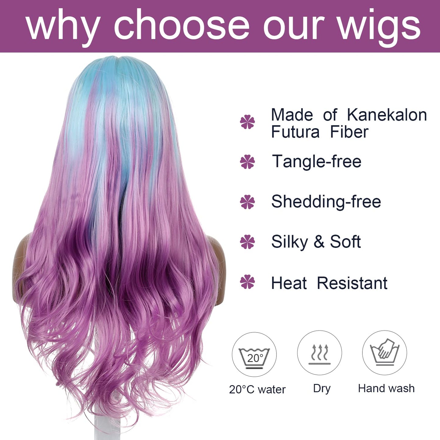 FUHSI Blue Ombre Purple Lace Front Wigs for Women Long Wavy Lavender Wig Synthetic Replacement Hair for Girls Cosplay Party Use