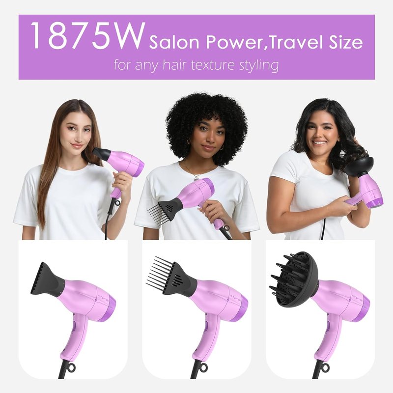 TOME Hair Dryer with Diffuser - 1875W Ionic Blow Dryer with Comb & Concentrator | Fast Drying, 2 Heat & 2 Speed Settings, Purple