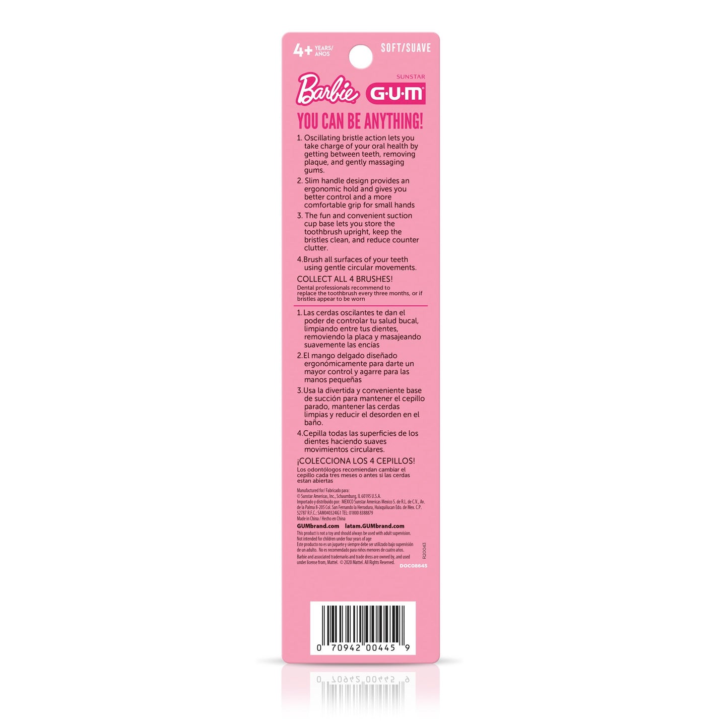GUM Barbie Kids Battery Power Electric Toothbrush with Suction Cup Base for Home or Travel Oral Health and Dental Plaque Removal, Ages 3+, 1ct(4Pk)