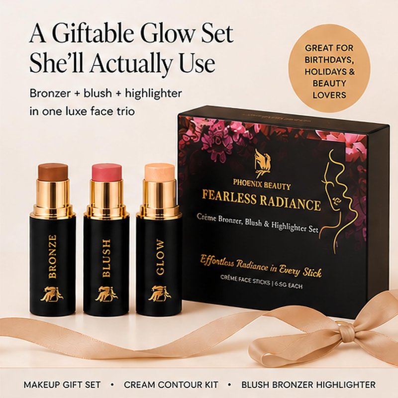 Phoenix Beauty Contour Trio with Cream Blush, Bronzer & Highlighter - Buildable, Pigmented Hydrating Formula with Shea Butter, Vitamin E, Hyaluronic Acid & Squalane; Gift Set (Twilight, Regular Trio)