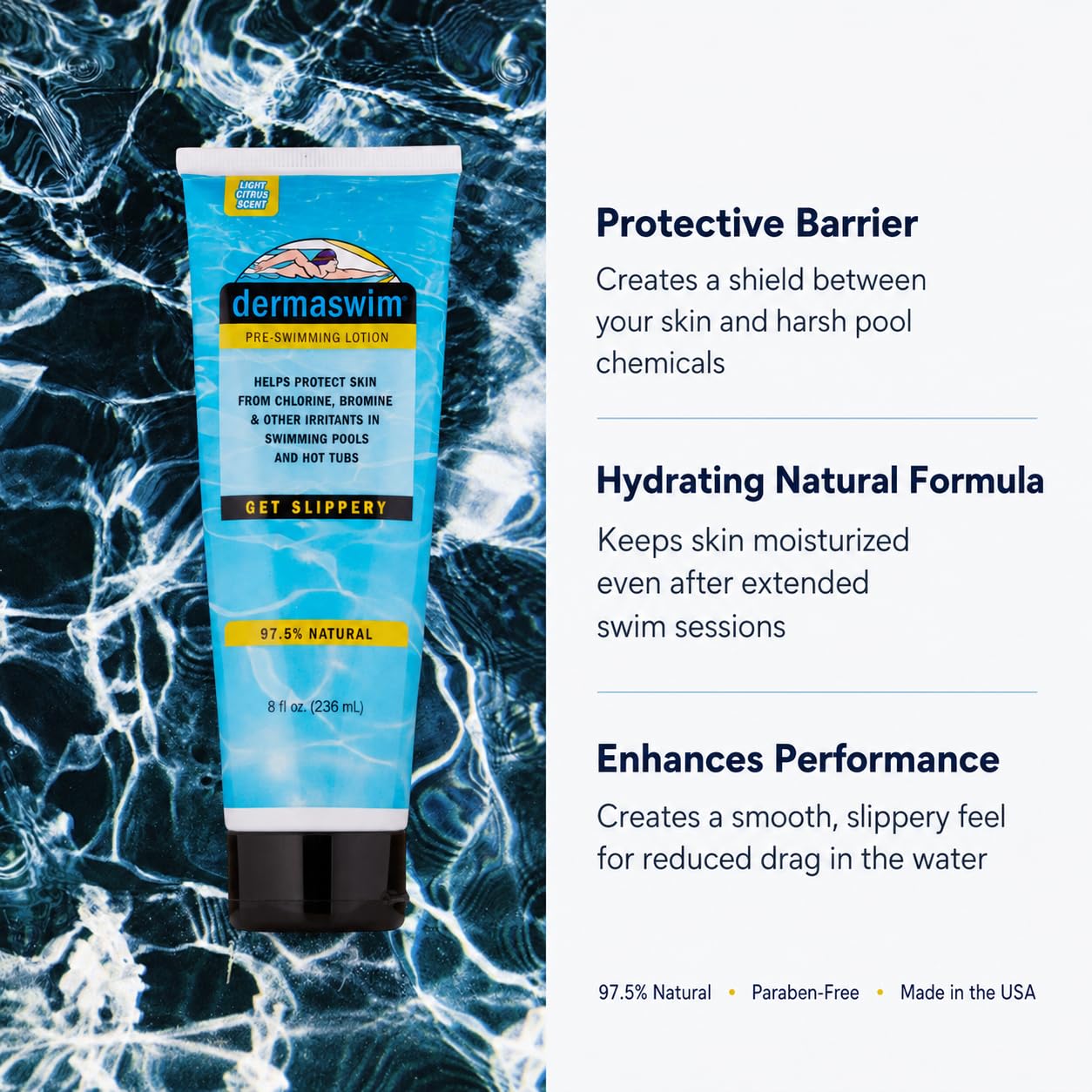 DERMASWIM Pre-Swim Lotion for Chlorine Protection – 8 fl oz | 97.5% Natural & Paraben-Free | Vitamin-Enriched with Aloe & Green Tea | Shields & Moisturizes Skin Before Swimming in Pools or Hot Tubs