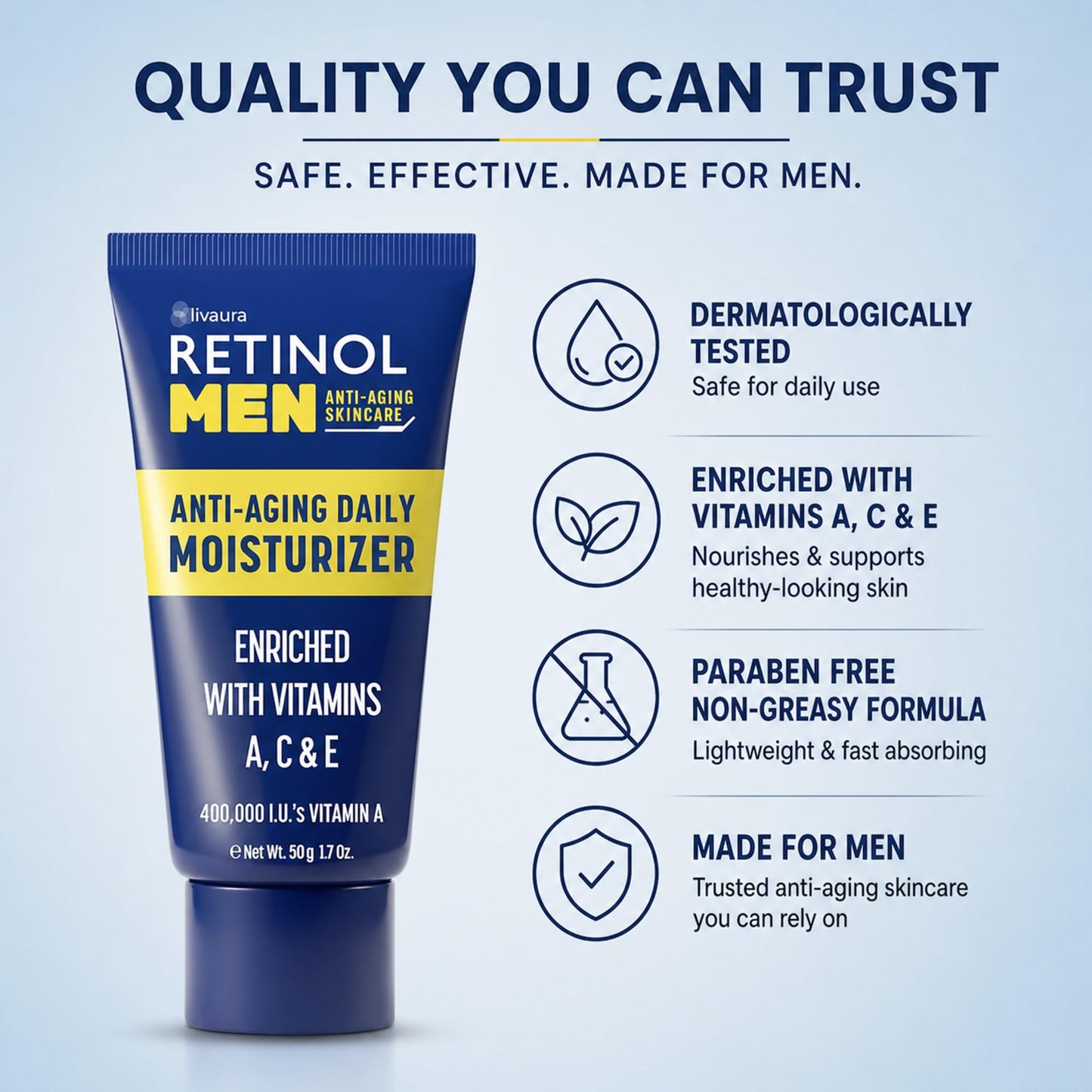 LIVAURA Retinol Men’s Face Moisturizer – Hydrating Face Cream & Faces Lotion for Men, Anti Aging Moisturizers for Dry Skin, Lightweight Facial Moisturizer for Daily Skin Care, Sensitive Skins