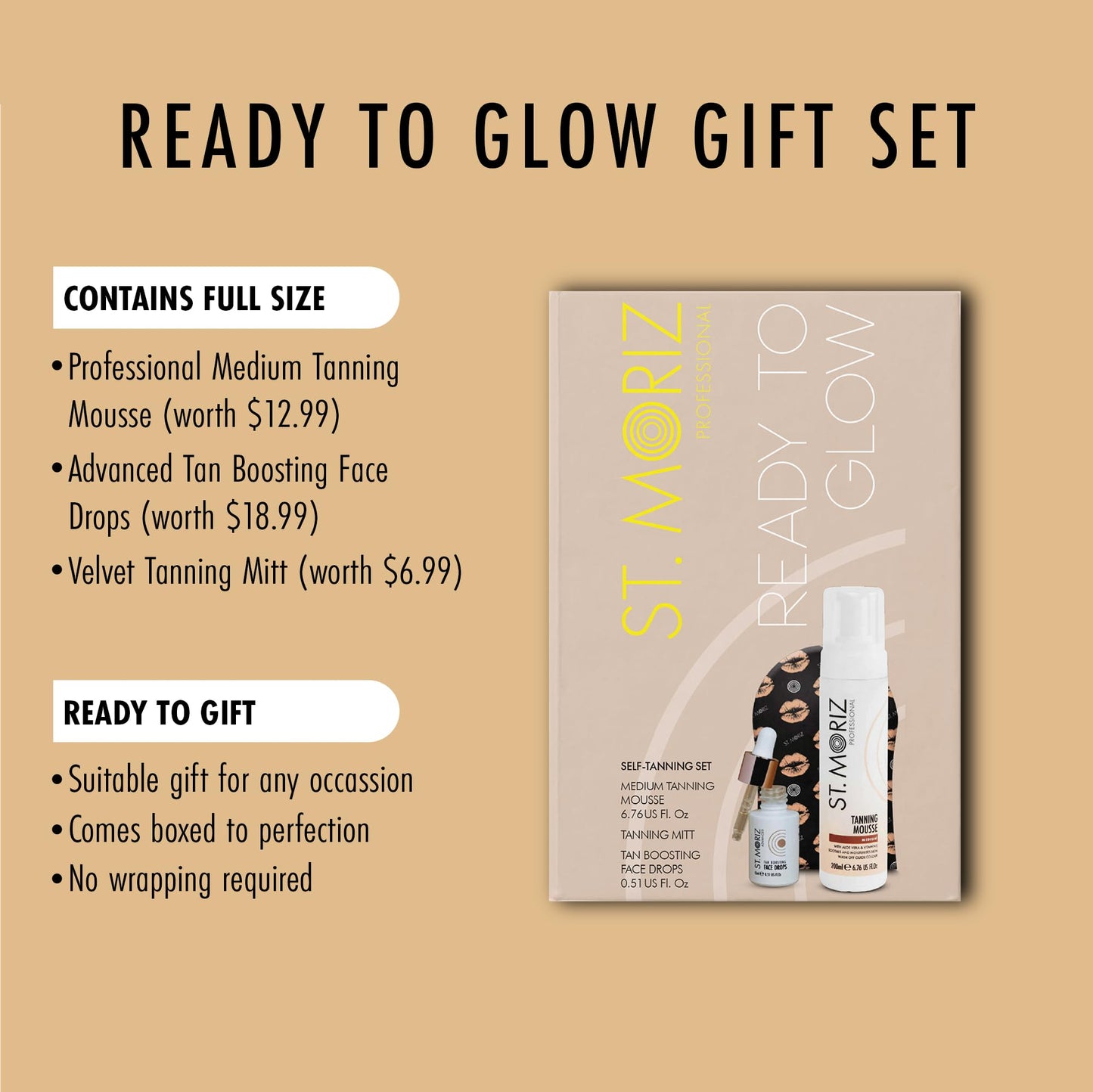 St Moriz Ready to Glow Self-Tan Gift Set – Medium Tanning Mousse, Face Drops & Velvet Mitt – Self Tanner Kit for Face & Body, Vegan, Streak-Free, Fast-Drying, Easy to Apply