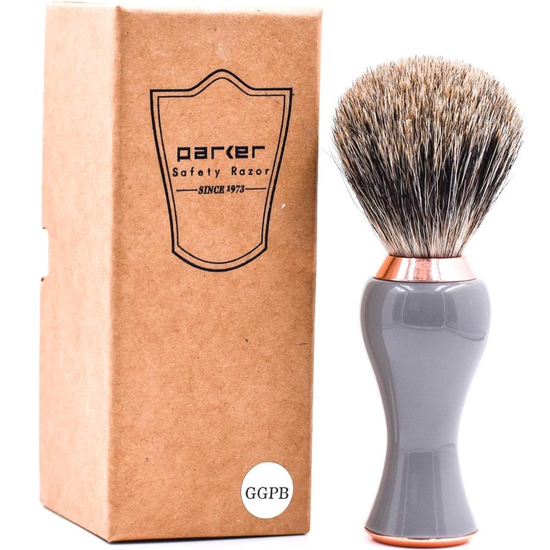Parker 3-Band Pure Badger Shave Brush with Stand - Extra Dense Bristles - Deluxe Gray and Rose Gold Handle -Shaving Brush for Men & Women