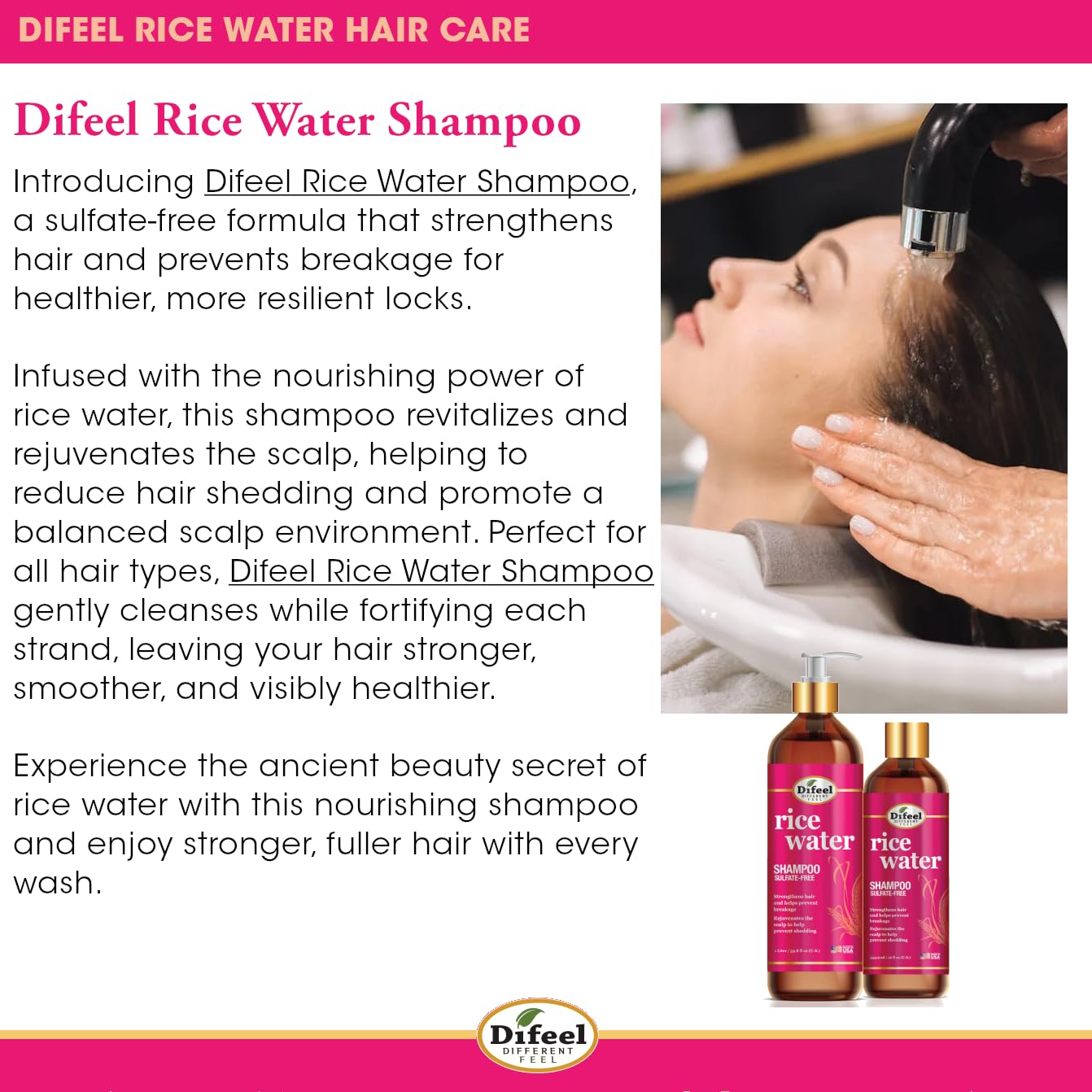 Difeel Rice Water Shampoo 33.8 oz. - Strengthening Sulfate Free Shampoo for All Hair Types