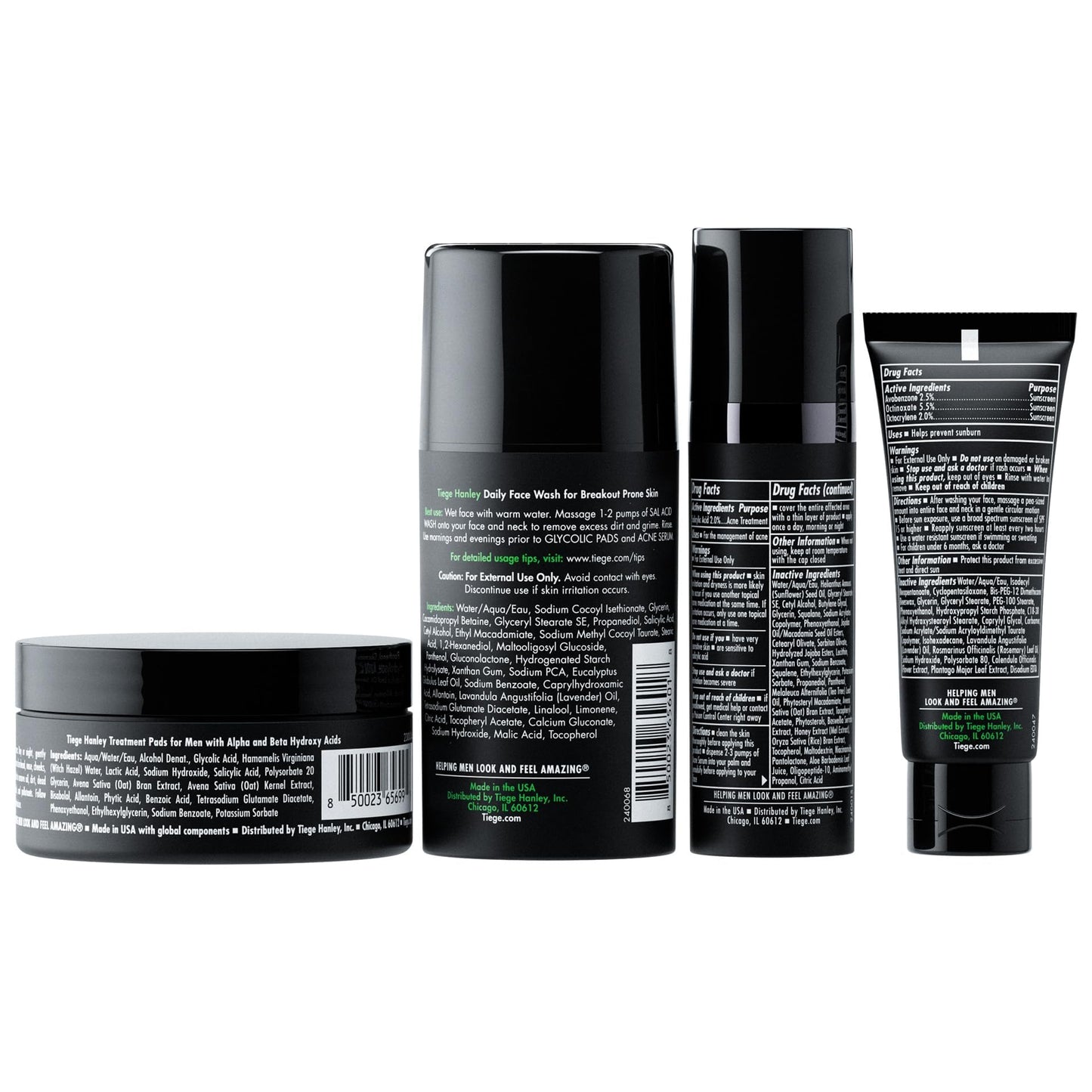 Tiege Hanley Acne Treatment Skin Care Set for Men, System Level 2, Tiegeclear Advanced Routine With Salicylic Acid Wash, Glycolic Acid Pads, Serum & Daily Moisturizer, Men’s Skin Care, 4 Piece Kit
