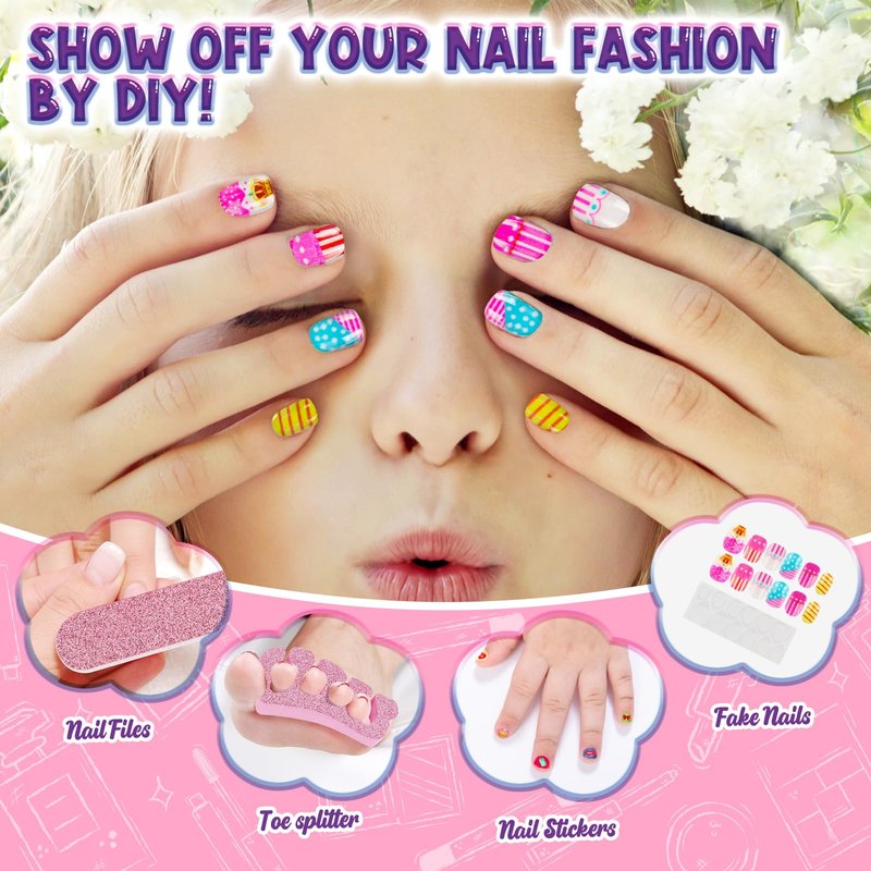 EULRGAUS Kids Nail Polish Set for Girls, 14PCS Nail Art Kit with Nail Dryer, Non Toxic Nail Polish kit and Fake Nails for Kids, Girl Toys Age 6-8, Halloween Christmas Birthday Gifts for Girls 8-12