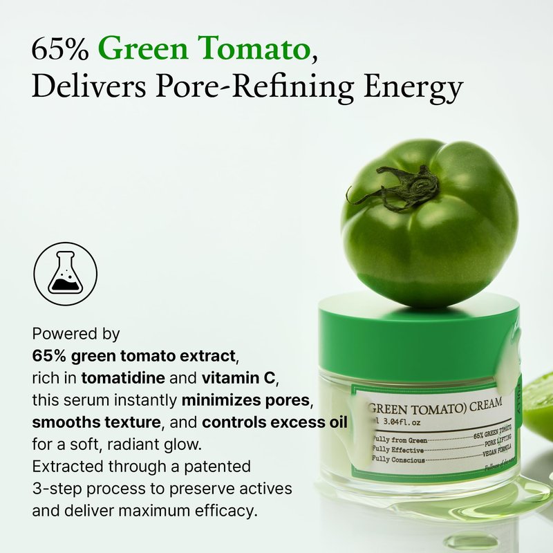 FULLY Green Tomato Facial Cream, Pore Lifting with 65% Green Tomato Extract and Vitamin C, Facial Moisturizer for Hydration and Elastcity, Fragrance Free, Vegan & Dermatologically Tested, 3.04 fl,oz