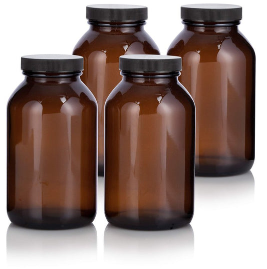 JUVITUS Amber 17 oz Wide Mouth Glass Packer Bottle with Black Lid (4 pack)