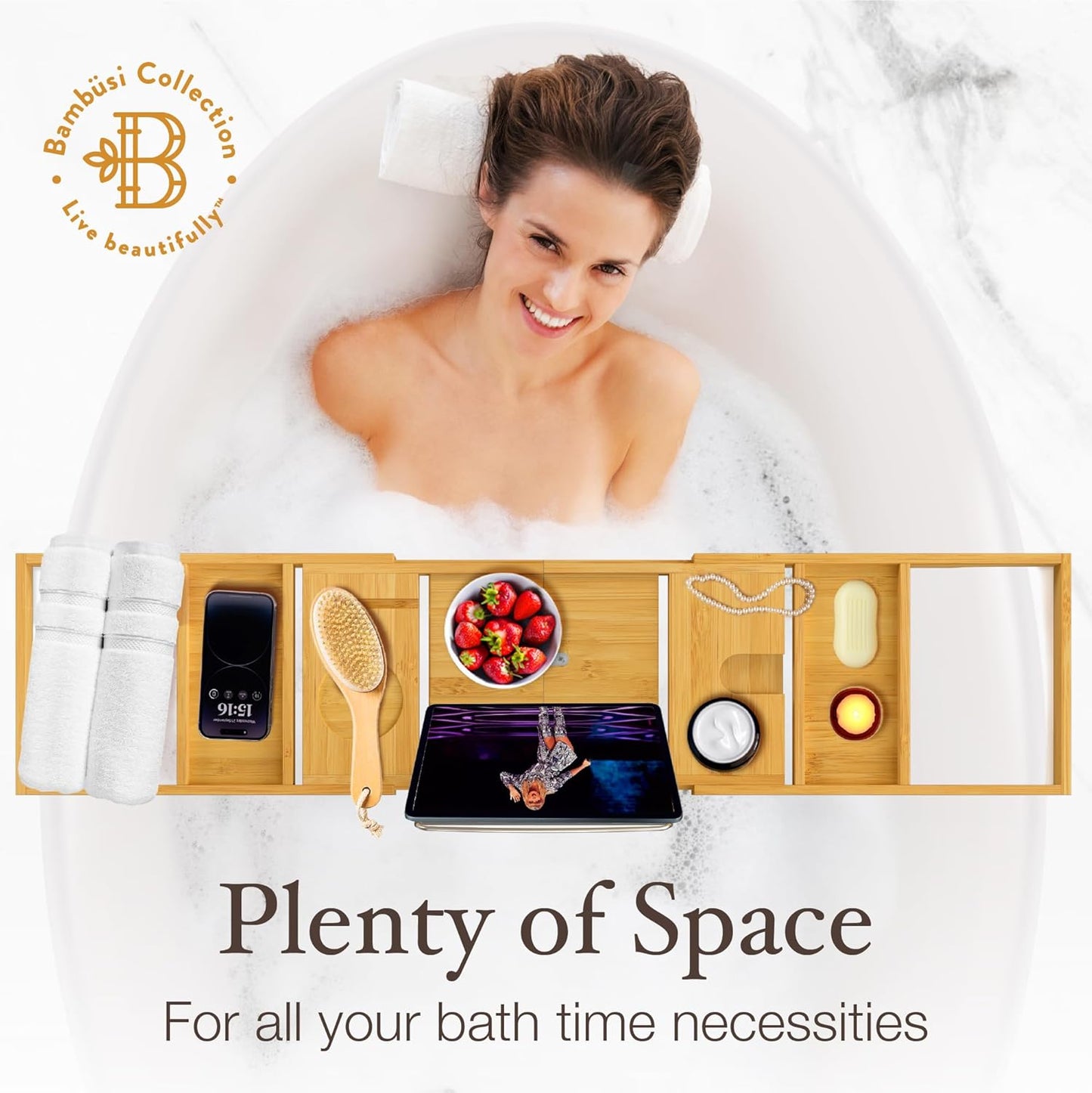 Bathtub Tray - Expandable Bamboo Bath Caddy with Wine Holder & Tablet Stand | Perfect Bathroom Accessory for Relaxation