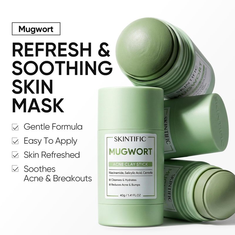 SKINTIFIC Mugwort Clay Stick Mask for Face, Redness Soothing & Breakout Control with Centella and Salicylic Acid, Gentle Exfoliating, Vegan Skincare, Wash-Off Facial Mud Mask