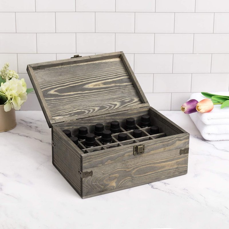 Essential Oil Bottle Storage Box - 24 Slot Vintage Gray Wooden Organizer | Holds Up to 30 mL Bottles