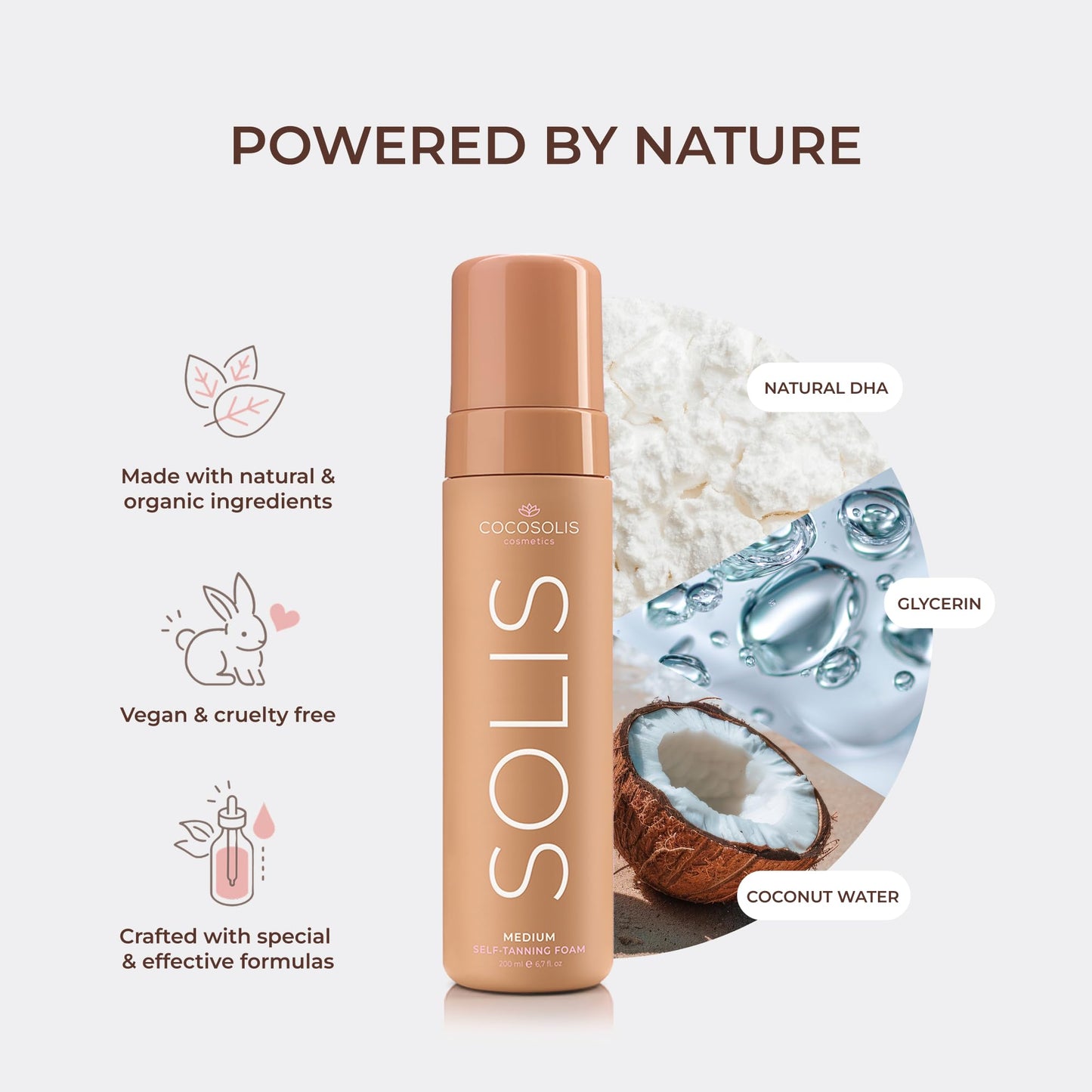 COCOSOLIS SOLIS medium self-tanning lotion for face and body, mousse for a rich, natural and long-lasting tan, with plant-based DHA (200 ml)